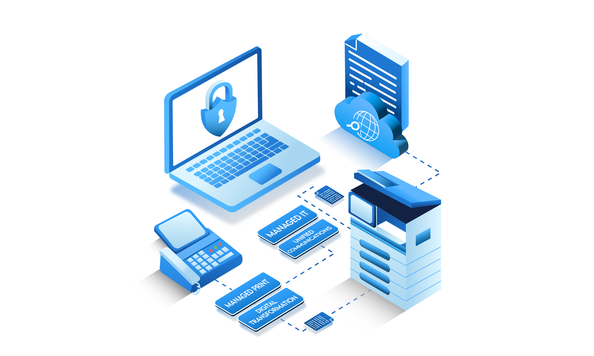 An isometric graphics of a laptop, a printer, a telephone and a document with a cloud.